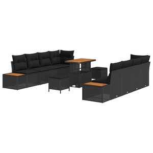 vidaXL Canapés de jardin de 11 pièces avec coussins noirs en poly rotin et acacia
