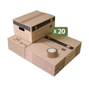 Pack and Move - Lot 20 cartons déménagement stockage S - 36 x 28x 18 cm - Poignées renforcées - 1 adhésif offert