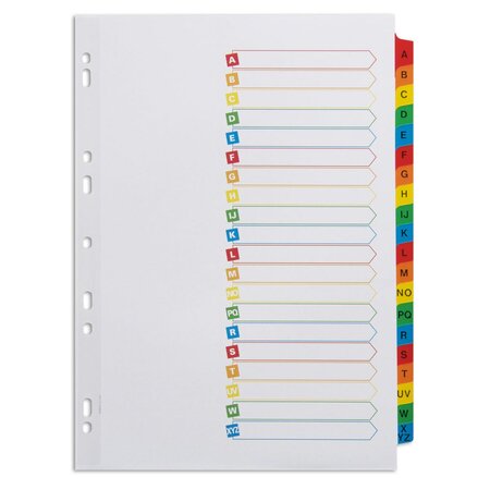 Intercalaires alphabétiques maxi A4+ en carte blanche, 20 divisions - Touches platifiées colorées