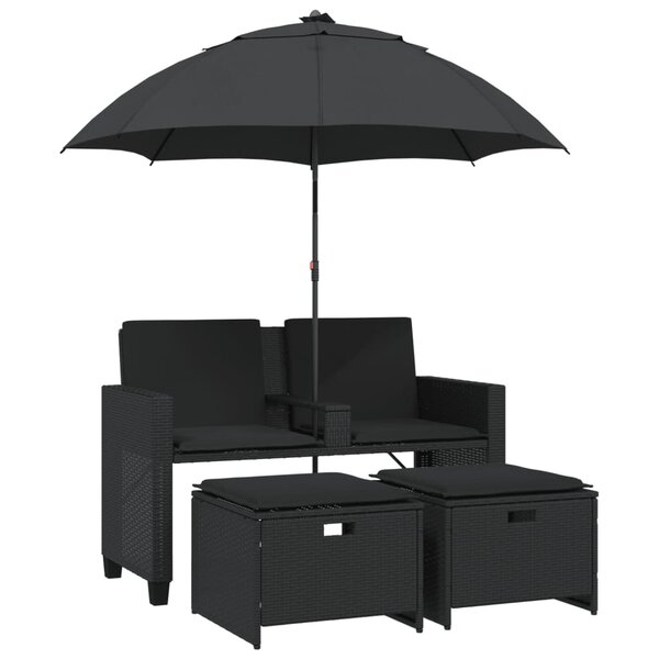 vidaXL Canapé de jardin 2 places avec parasol et tabourets noir rotin