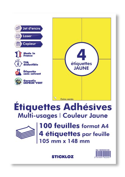 100 planches a4 - 4 étiquettes 105 mm x 148 mm autocollantes jaune par planche pour tous types imprimantes - jet d'encre/laser/photocopieuse