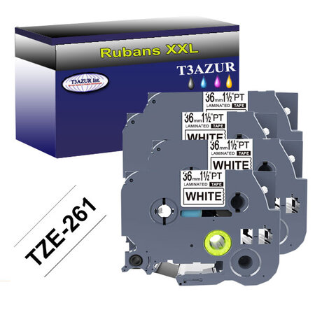 4 x Rubans pour étiquettes laminées génériques Brother Tze-261 pour étiqueteuses P-touch - Texte noir sur fond blanc- T3AZUR