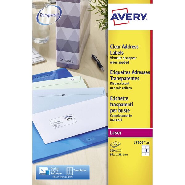 Étiquettes d'expédition pour imprimantes laser, 99,1 x 38,1 mm, 25 feuilles, 14 étiquettes par feuille, auto-adhésives, transparentes (paquet 350 unités)