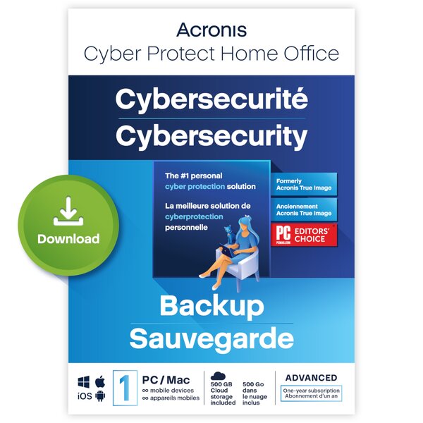 Acronis cyber protect home office advanced 2023 - 500 go - licence 1 an - 1 pc/mac + mobiles - a télécharger