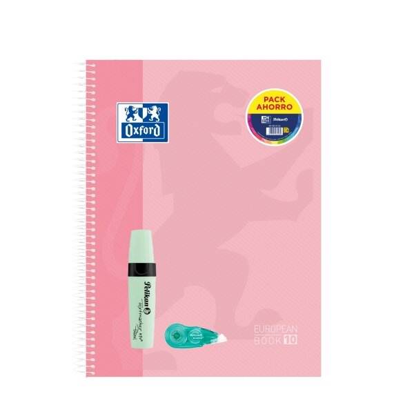 LOT de 10 Cahier Oxford Europeanbook 10 Touch A4+ quadrillé 5 x 5 mm  150 feuilles  marqueur pastel Pelikan Texmarker 490 et correcteur à rouleau Pelikan Fancy Roller - Couverture extra rigide - 10 bandes de couleur - Couleurs pastel assorties