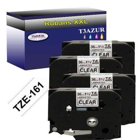 4 x Rubans d'étiquettes laminées générique Brother Tze-161 pour étiqueteuses P-touch - Texte noir sur fond transparent - - T3AZUR