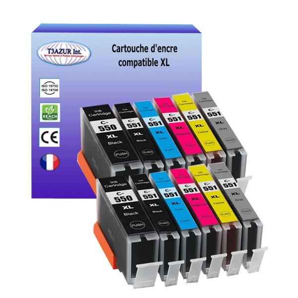 12 Cartouches compatibles avec Canon PGI-550 XL, CLI-551 XL (2Bk/2PBk/2C/2M/2Y/2GY) - T3AZUR