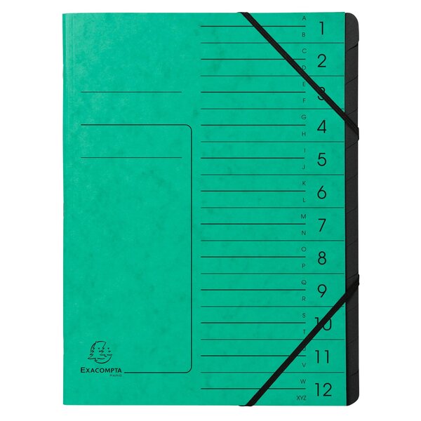 Trieur Agrafé Avec Élastiques Intérieur Noir 12 Compartiments - A4 - Vert - X 10 - Exacompta