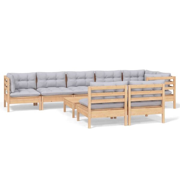 vidaXL Salon de jardin 9 Pièces avec coussins gris bois de pin massif
