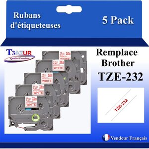 5x Rubans d'étiqueteuses compatibles avec Brother Tze232  Tze-232 pour étiqueteuses P-touch - Texte rouge sur fond blanc - Largeur 12 mm x 8 mètres - T3AZUR