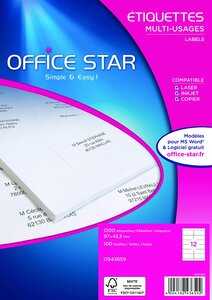 Boite de 1200 étiquettes multi-usage blanches 97x42mm os43659 office star