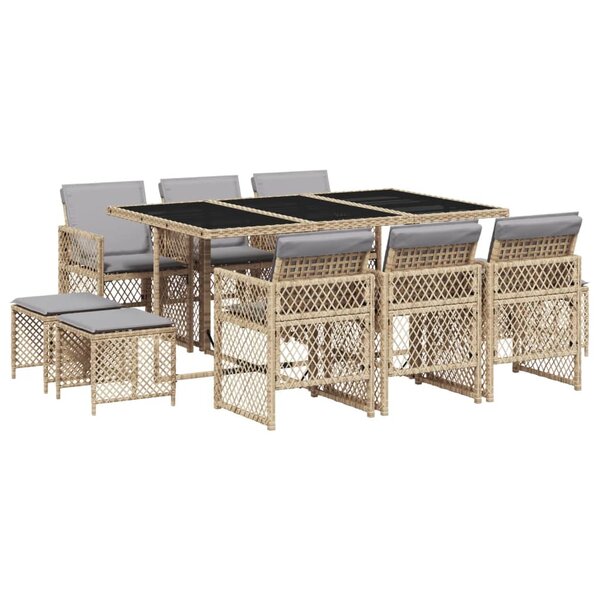 vidaXL Ensemble à manger de jardin et coussins 11 Pièces beige poly rotin