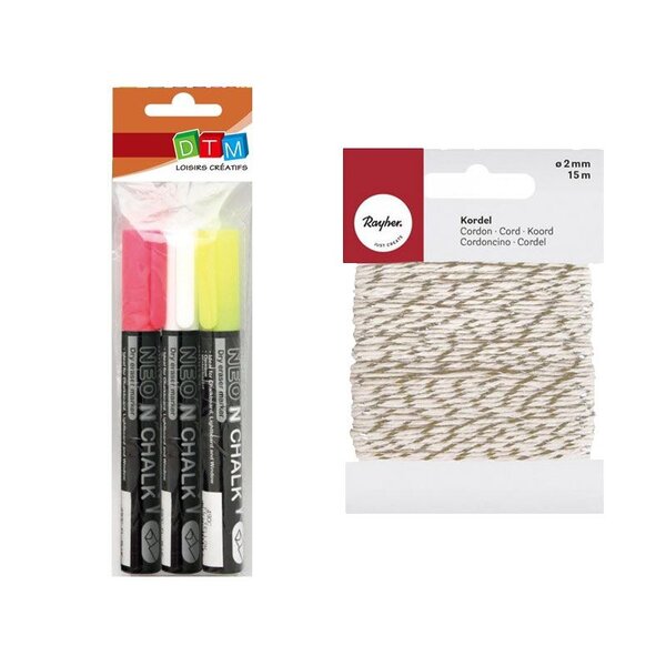 3 marqueurs-craie Blanc-jaune-rose + Ficelle dorée & blanche 15 m