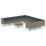 vidaXL Salon de jardin 12 Pièces avec coussins Résine tressée Gris