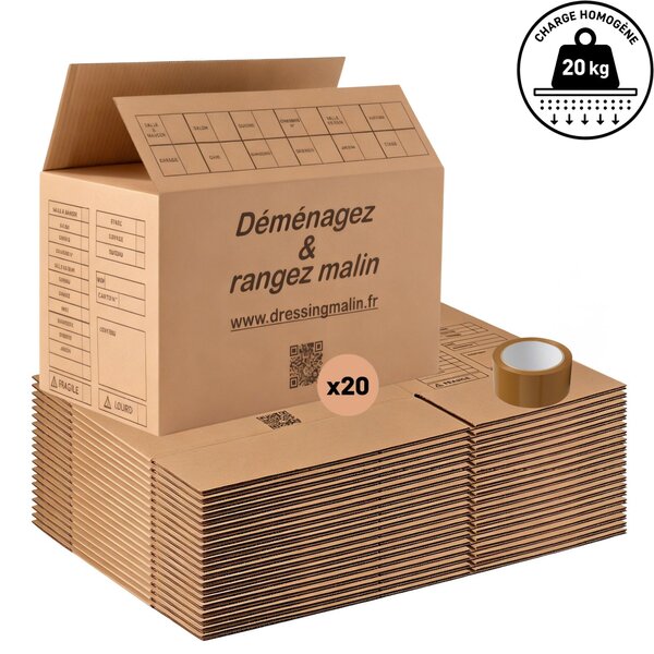 20 cartons standard déménagement + 1 rouleau d'adhésif havane