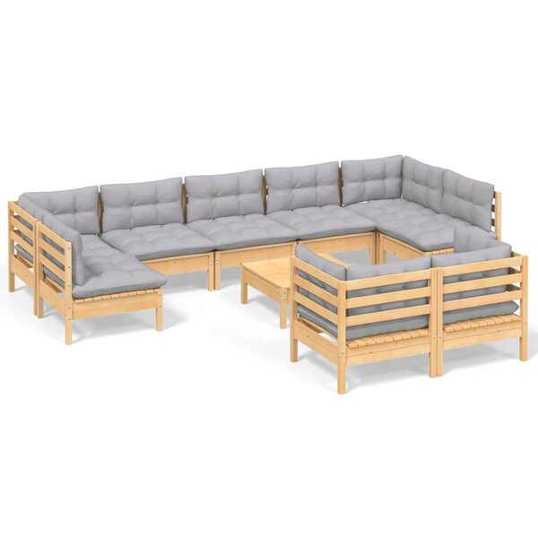 Salon de jardin meuble d'extérieur ensemble de mobilier 10 pièces avec coussins gris bois de pin massif 02_0015025