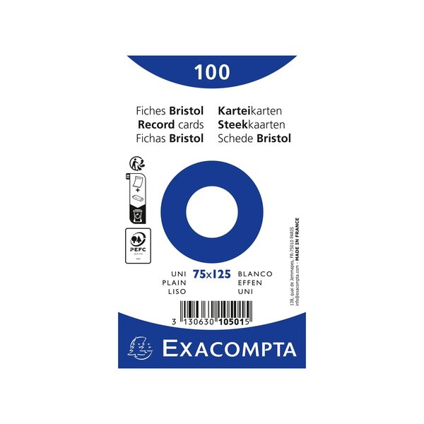 Paquet 100 Fiches Sous Film - Bristol Uni Non Perforé - 75x125mm - Blanc - Exacompta