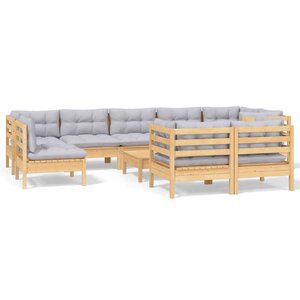 vidaXL Salon de jardin 10 Pièces avec coussins gris bois de pin massif