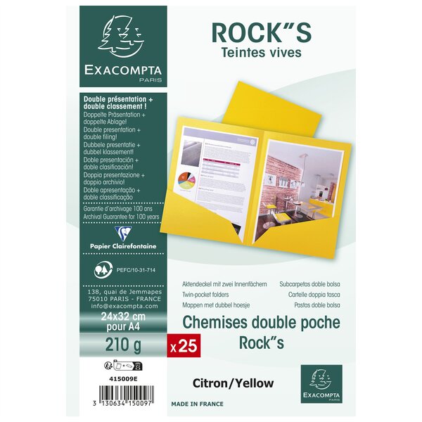 Paquet 25 chemises Double Poche ROCK''S 210 double A4 ou A3 - 24x32cm Jaune citron x 10 EXACOMPTA