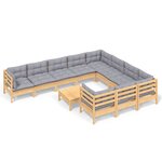 vidaXL Salon de jardin 11 Pièces avec coussins gris bois de pin