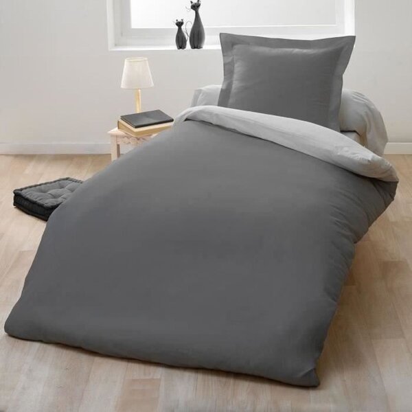 Parure housse de couette - 140 x 200 cm - 100  Coton - Bicolore Gris clair et foncé