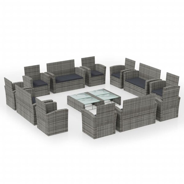 vidaXL Salon de jardin 16 Pièces avec coussins Résine tressée Gris