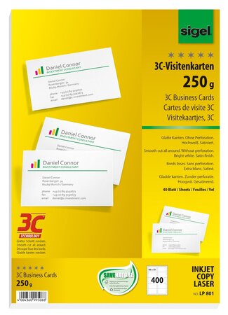 Cartes de visite  85 x 55 mm  250 g/m2  extra blanc  400 sur 40f sigel