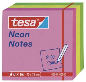 Lot de 6 Bloc-notes repositionnables, 75 x 75 mm, tricolore Neon TESA