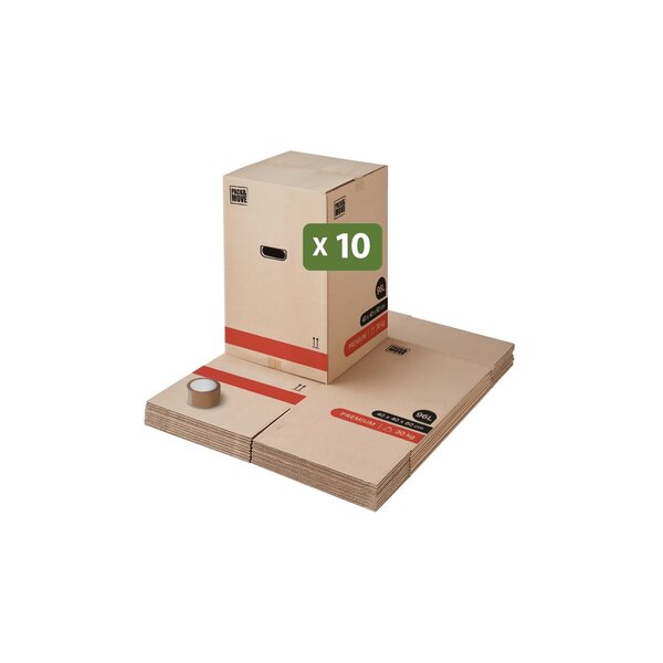 Pack and Move - Lot 10 Cartons Déménagement Premium - 40 X 40 X 60 Cm - Résistance 30 KG - Double Épaisseur - Poignées Renforcées - 1 Adhésif Offert
