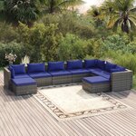 vidaXL Salon de jardin 9 Pièces avec coussins Résine tressée Gris