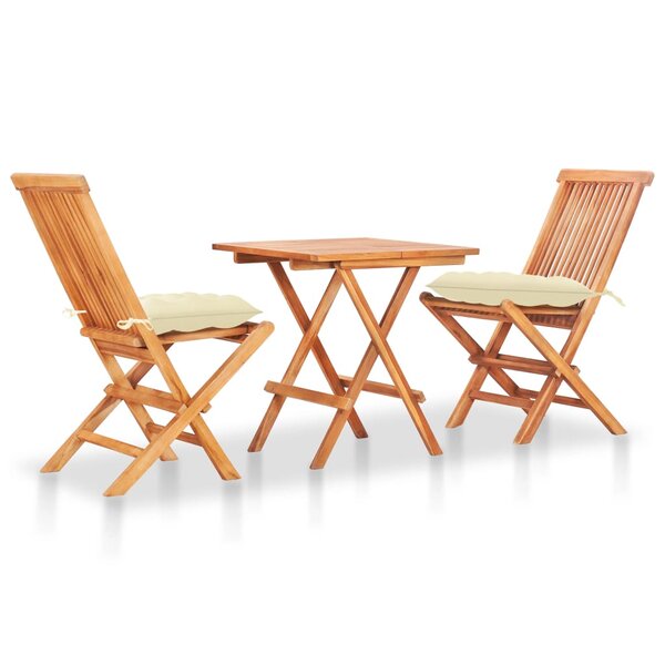 vidaXL Ensemble de bistro 3 Pièces avec coussins blanc crème Bois de teck