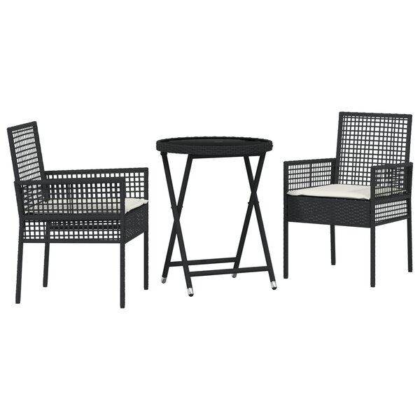 Ensemble de Bistro de Jardin 3 Pièces avec Coussins Noir en Poly Rattan
