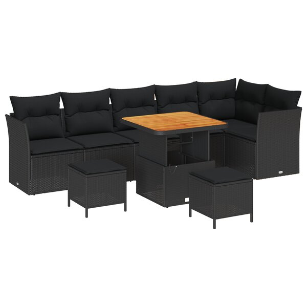 Ensemble de Canapés de Jardin de 9 Pièces avec Coussins Noir Poly Rattan Acacia