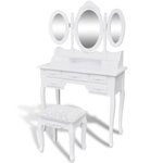 vidaXL Coiffeuse avec tabouret et 3 miroirs Blanc
