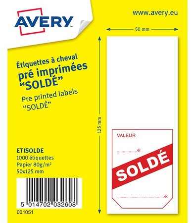 Etisolde - 1000 étiquettes à cheval pré imprimées 'soldé' - 50 x 125 mm avery