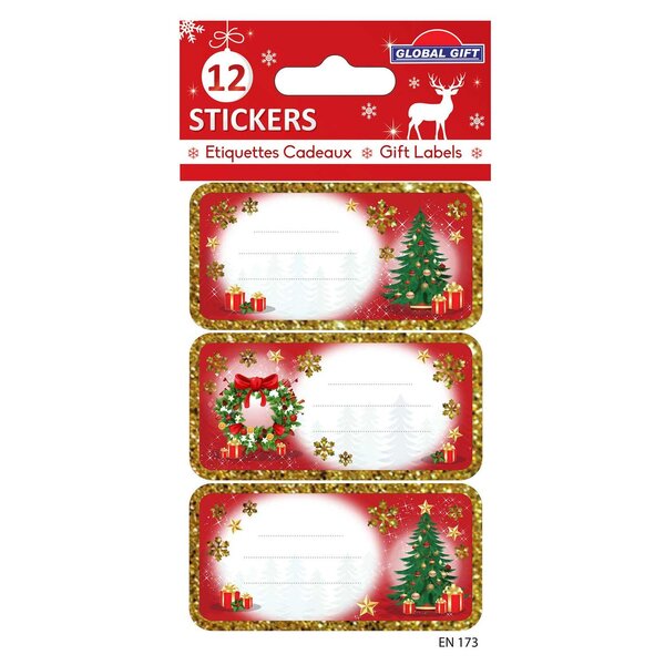 12 étiquettes adhésives de Noël - Sapins et couronnes traditionnels