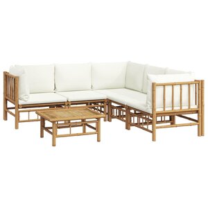 Salon de jardin meuble d'extérieur ensemble de mobilier 6 pièces avec coussins blanc crème bambou 02_0016634