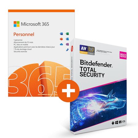 Microsoft 365 personnel + bitdefender total security - licence 1 an - a télécharger