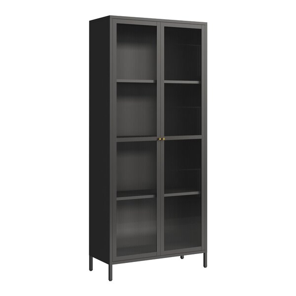Armoire étagère meuble de rangement 180 x 80 x 35 cm vitrée acier verre noir 03_0008936