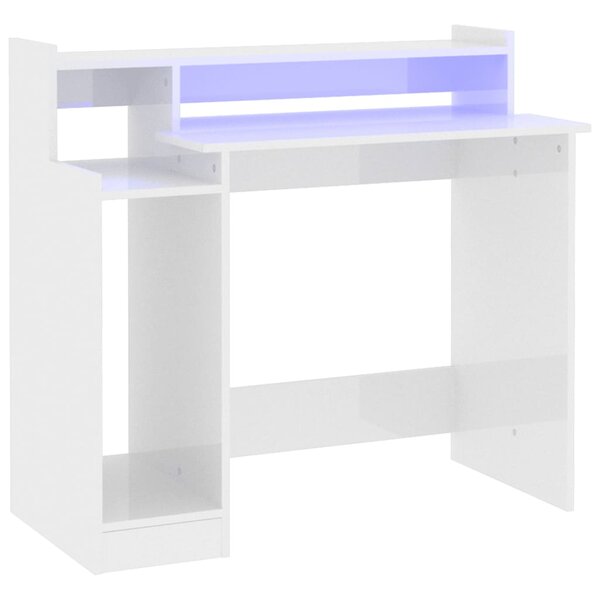 vidaXL Bureau lumières LED Blanc brillant 97x45x90cm Bois d'ingénierie