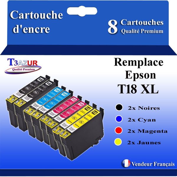 T3AZUR- 8x Cartouches Compatibles avec  Epson 18XL 18 XL remplace Expression Home XP-205 XP-215 XP-305 XP-312 XP-315 XP-322 XP-325 XP-405 XP-412 XP-415 XP-422 XP-425