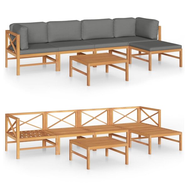 vidaXL Salon de jardin 6 Pièces avec coussins gris Bois de teck solide