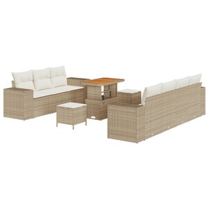 vidaXL Set de canapés de jardin de 10 pièces en poly rotin beige et acacia avec coussins.
