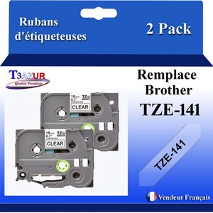 2x Rubans d'étiqueteuses compatibles avec Brother Tze141  Tze-141 pour étiqueteuses P-touch - Texte noir sur fond transparent - Largeur 18 mm x 8 mètres