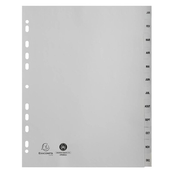Intercalaires Imprimés Mensuels Pp Recyclé Gris Janvier-décembre 12 Positions - A4 Maxi - Gris - Exacompta