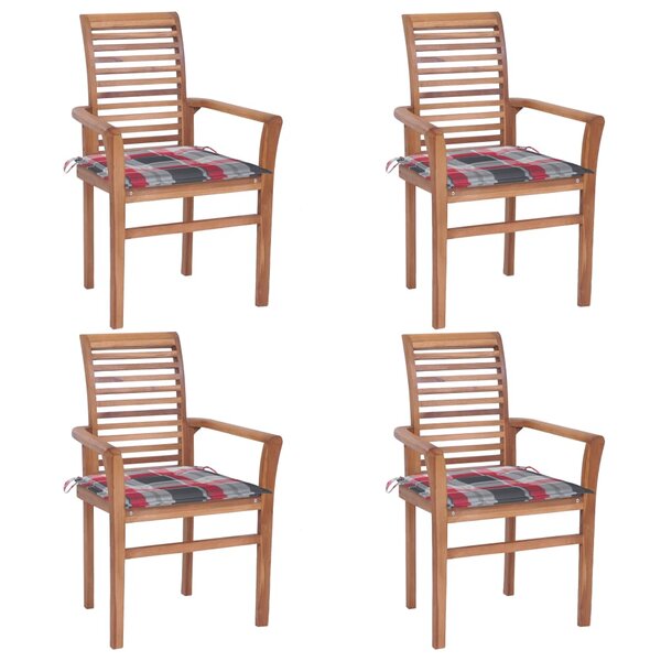 vidaXL Chaises à dîner 4Pièces avec coussins à carreaux rouge Teck solide