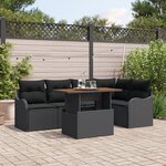 Ensemble de canapé de jardin de 6 pièces avec coussins en rotin poly noir et acacia