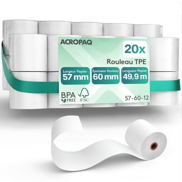 ACROPAQ 20 Rouleaux de Caisse 57x60x12mm- Thermique 49 9 m-Terminaux de paiement- 20 Bobines TPE- Sans BPA- Dimension Universelle