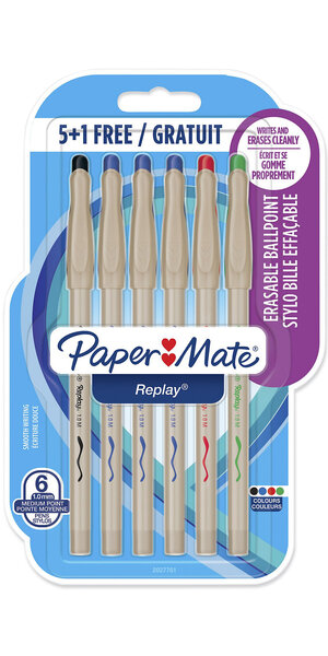 Paper mate replay - 6 stylos bille gommable - noir  bleu  rouge  vert - pointe moyenne 1.0mm - sous blister