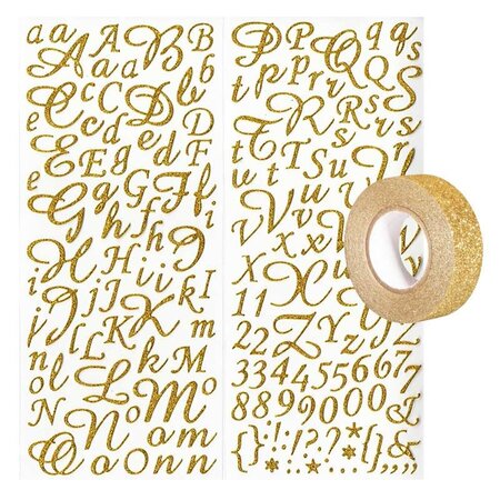 Stickers alphabet & chiffres dorés à paillettes + masking tape doré à paillettes 5 m